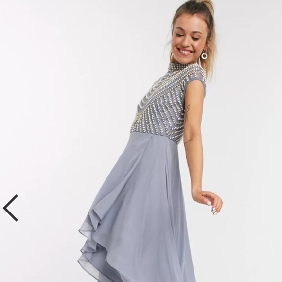 ASOS DESIGN midi linear embellished bodice dress with high neck and wrap skirt - Picture 1 of 4